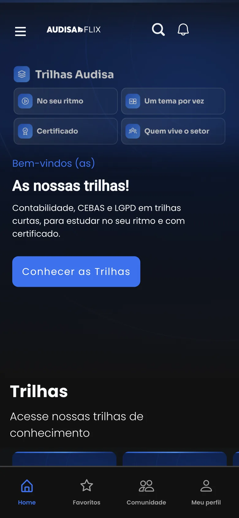 Tela inicial do AudisaFlix no celular, com o banner das Trilhas Audisa