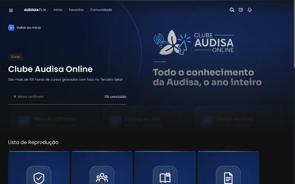 Página do curso Clube Audisa Online no AudisaFlix com o botão Baixar certificado e a barra de progresso do curso