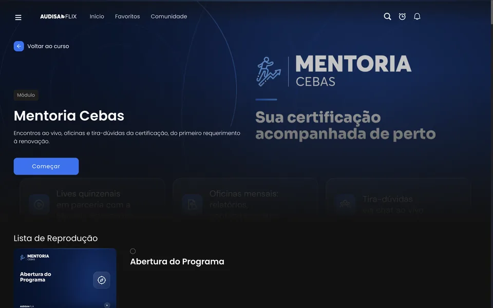 Página da Mentoria CEBAS no AudisaFlix com lives quinzenais em parceria com a Monello Advogados, oficinas mensais e tira-dúvidas via chat ao vivo