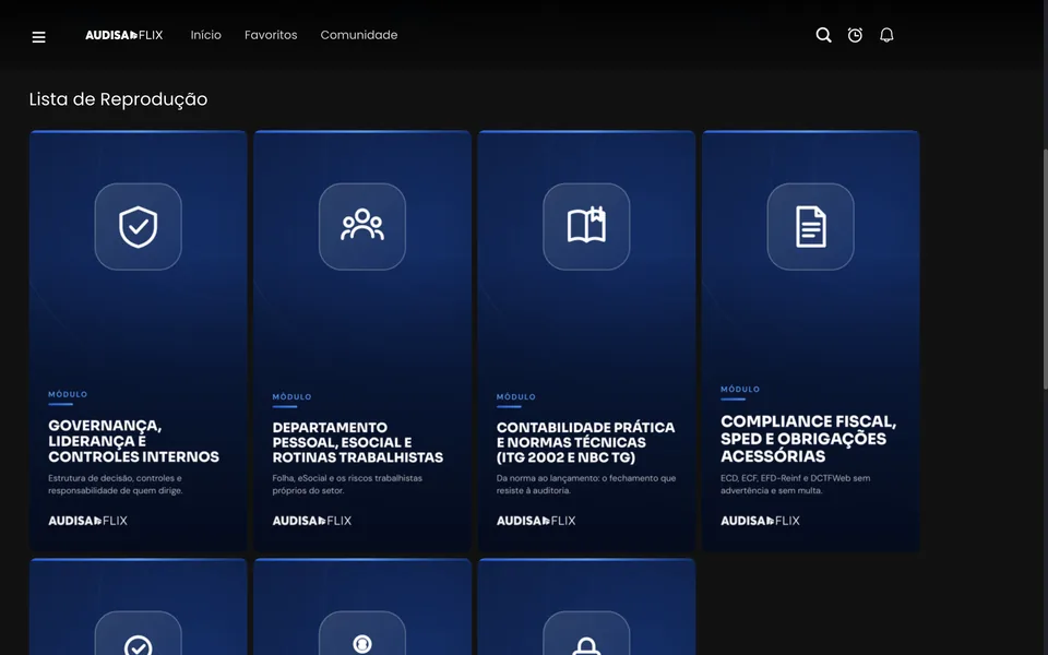Página do Clube Audisa Online no AudisaFlix com os módulos Governança, Departamento Pessoal, Contabilidade Prática e Compliance Fiscal