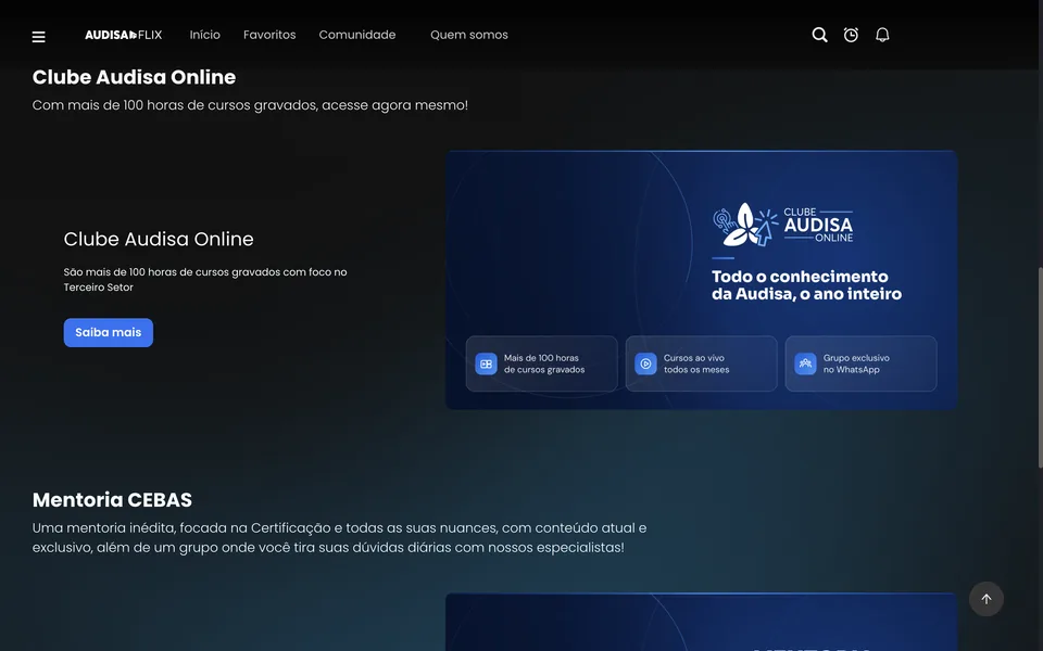 Vitrine do Clube Audisa Online no AudisaFlix com os destaques: mais de 100 horas de cursos gravados, cursos ao vivo todos os meses e grupo exclusivo no WhatsApp