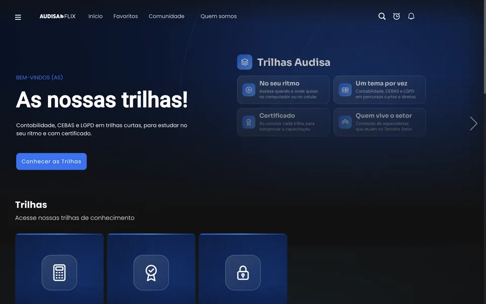 Tela inicial do AudisaFlix com o banner das Trilhas Audisa e a fileira das trilhas Contábil, CEBAS e LGPD